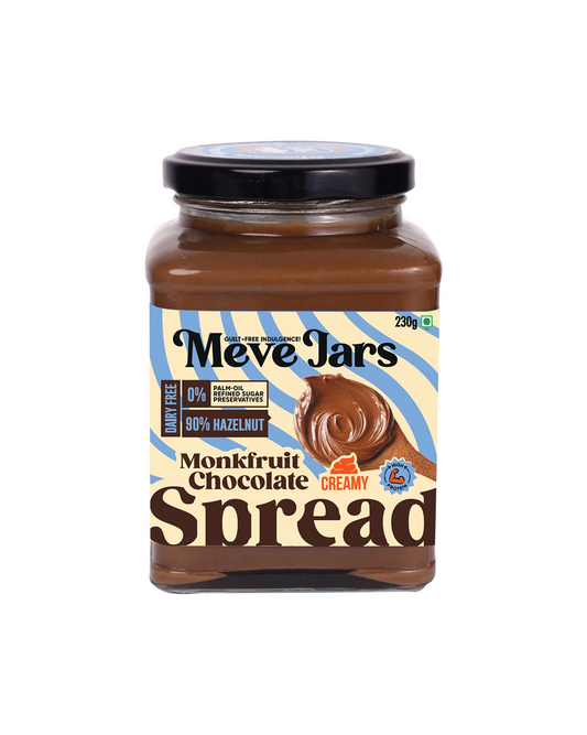 Label View of Meve Jars Monkfruit Chocolate Spread on a white background